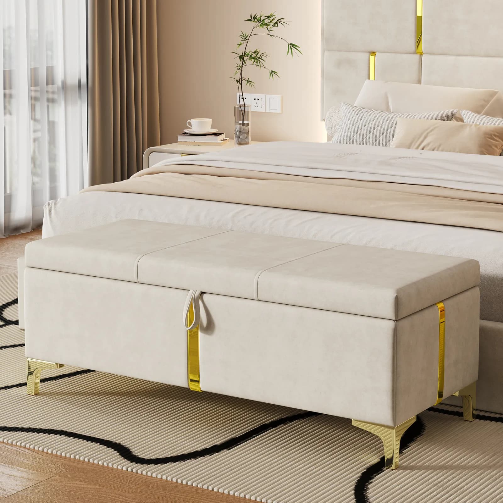Elegant Upholstered Storage Ottoman, Storage Bench with Metal Legs for Bedroom, Living…