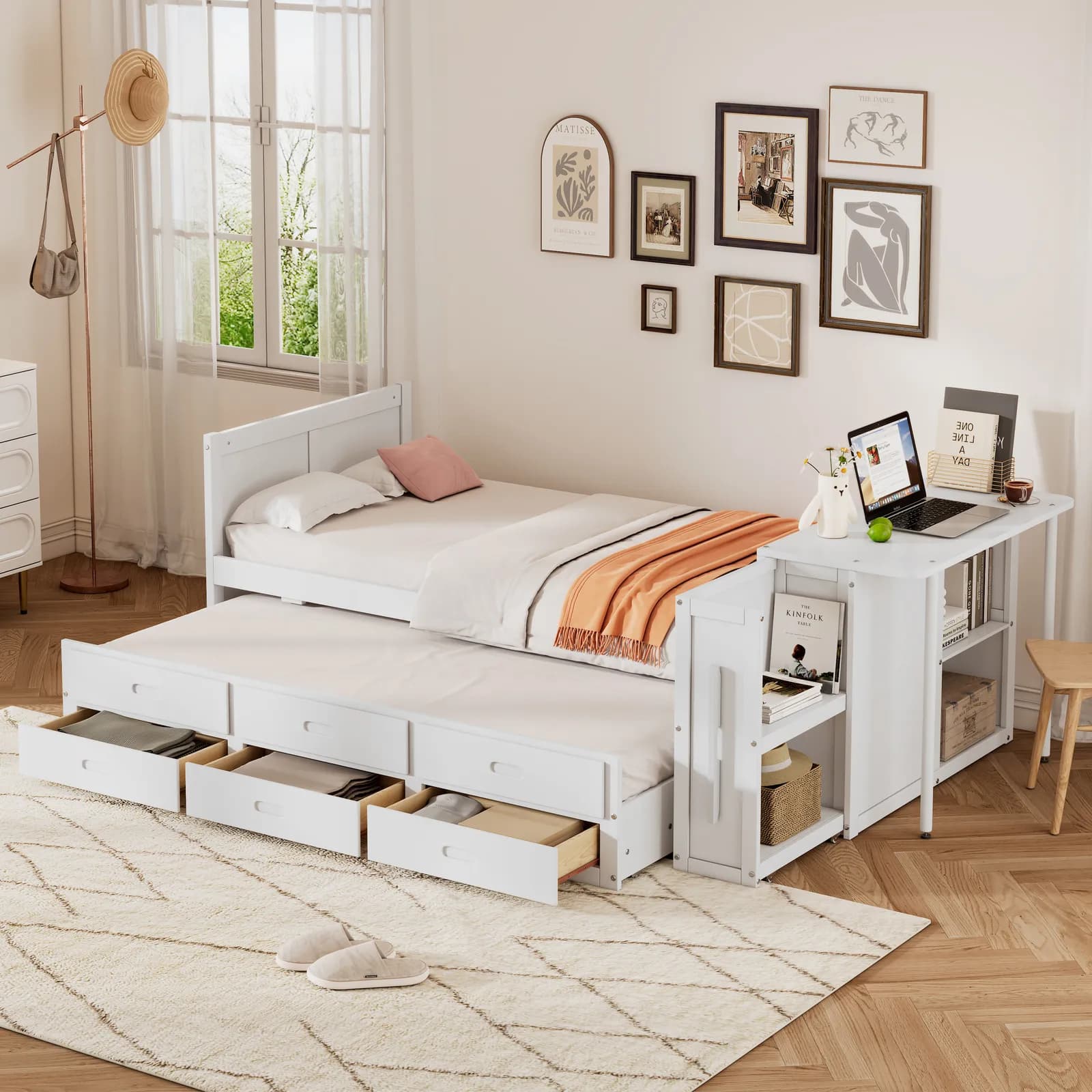 Twin Size Multifunctional Wood Platform Bed with Desk and Storage Shelf at the End of the…