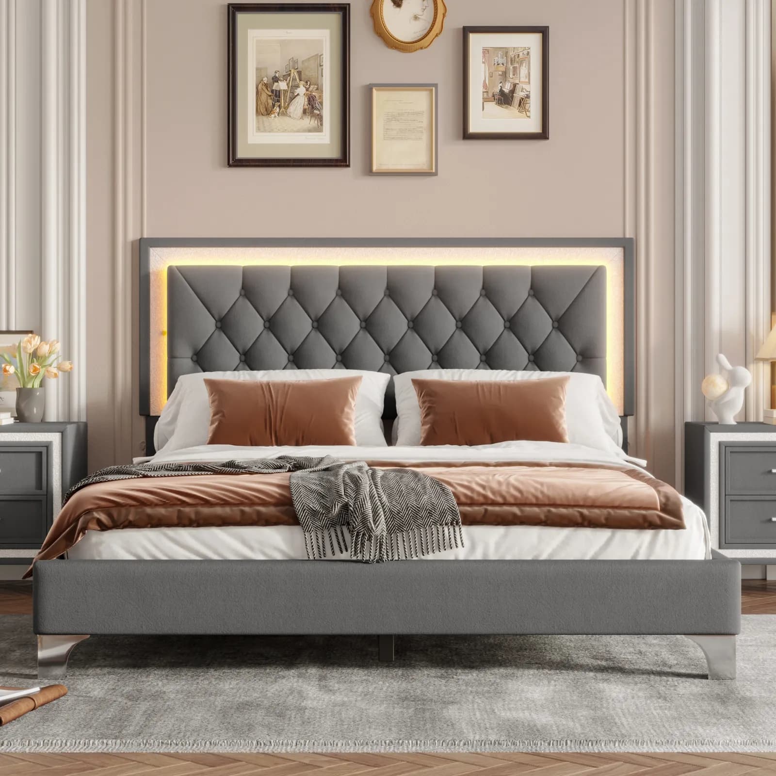 Queen Size Upholstered Bed Frame with LED Lights, Modern Velvet Platform Bed with Tufted…