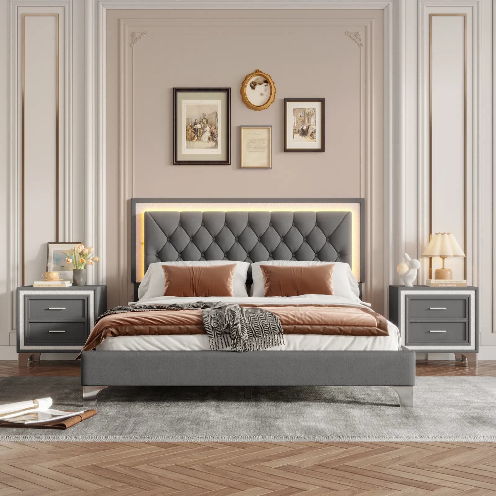 3-Pieces Bedroom Sets, Queen Size Upholstered Platform Bed with LED Lights and Two…