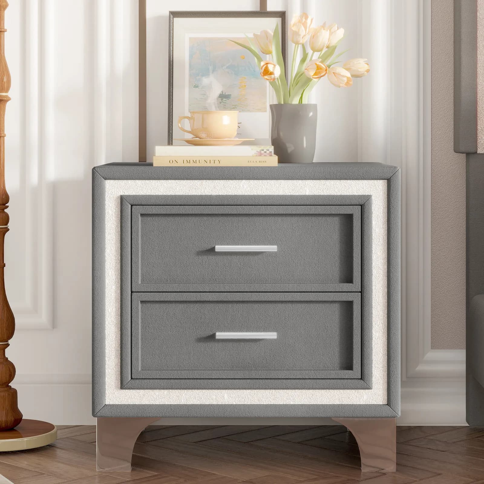 Mid Century Vintage Nightstand with Silver Glitter Strip Decor and Metal Legs, Velvet…
