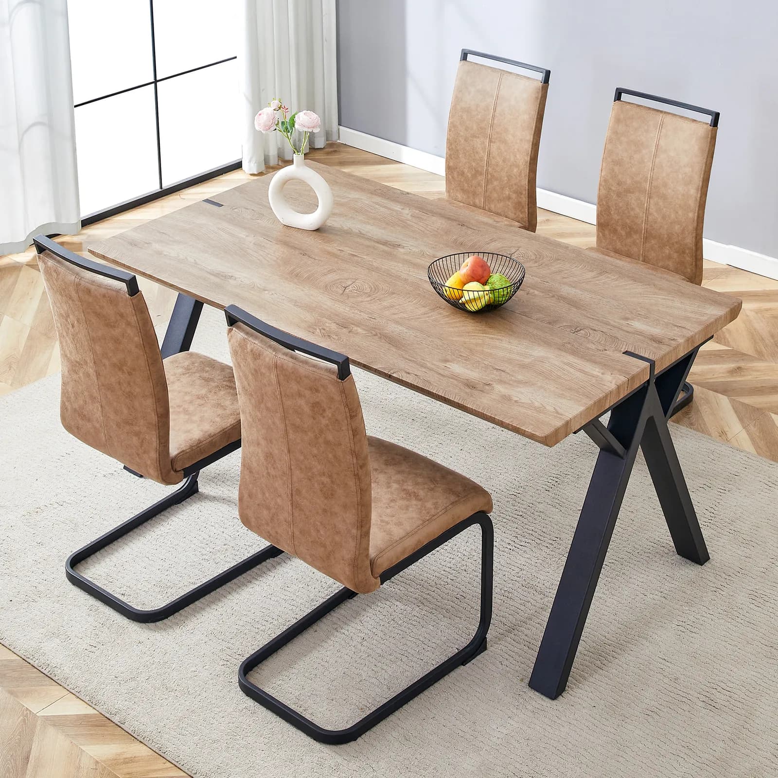 Table and chair set, 63"x35, 4" Wood-Textured MDF Dining Table with Black A-Frame Legs,…