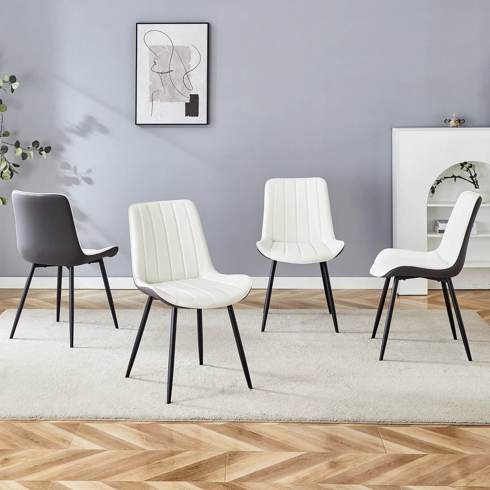 Extended Seat Cushion PU Dining Chair Set - Four Pieces, Smooth line design, Can…