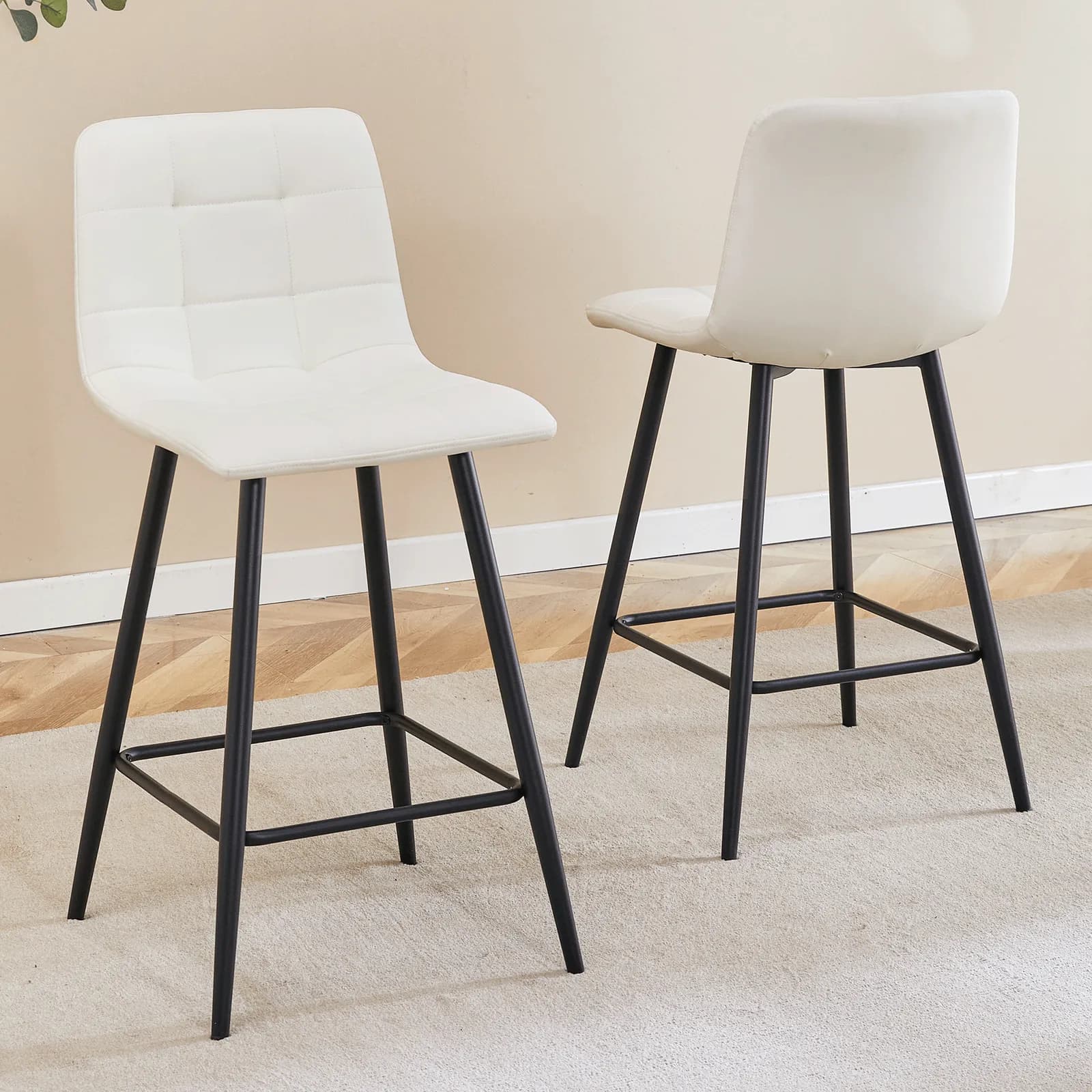 Modern White PU Bar Chair Set - Two Pieces, Stable Comfort, Checkered Design, Black Metal…