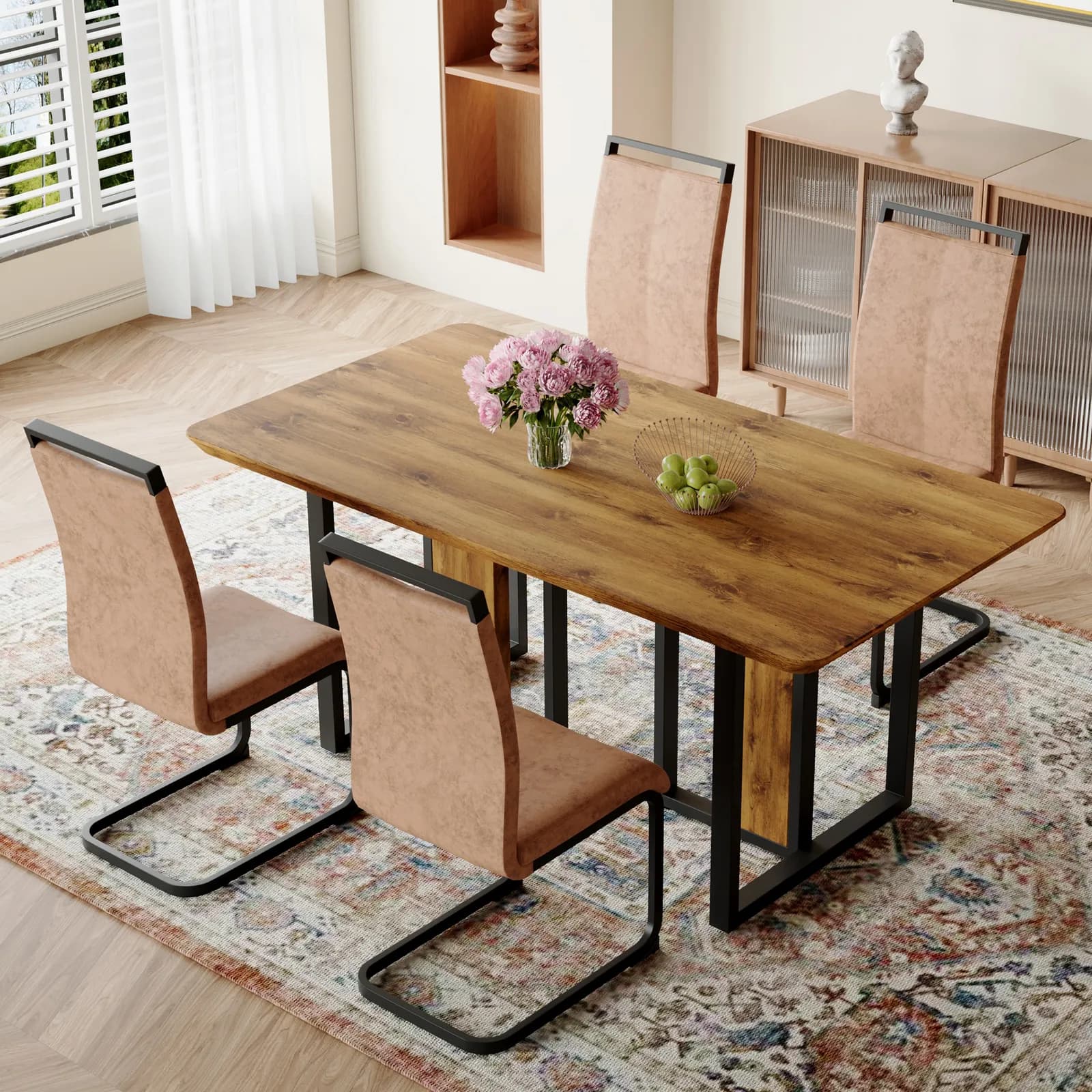 Table and chair set, 67"x36" Wood-Textured MDF Dining Table Set with 4 Brown Fabric…