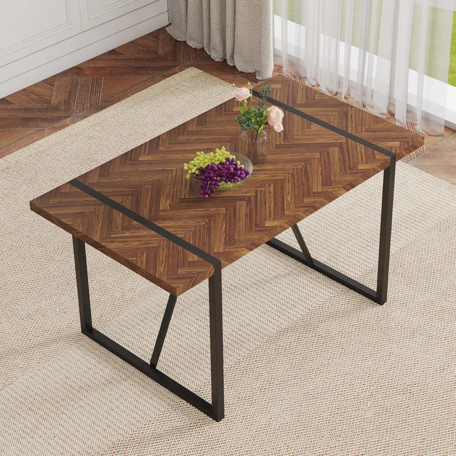 A minimalist retro rectangular dining table with a specially textured top and black metal…