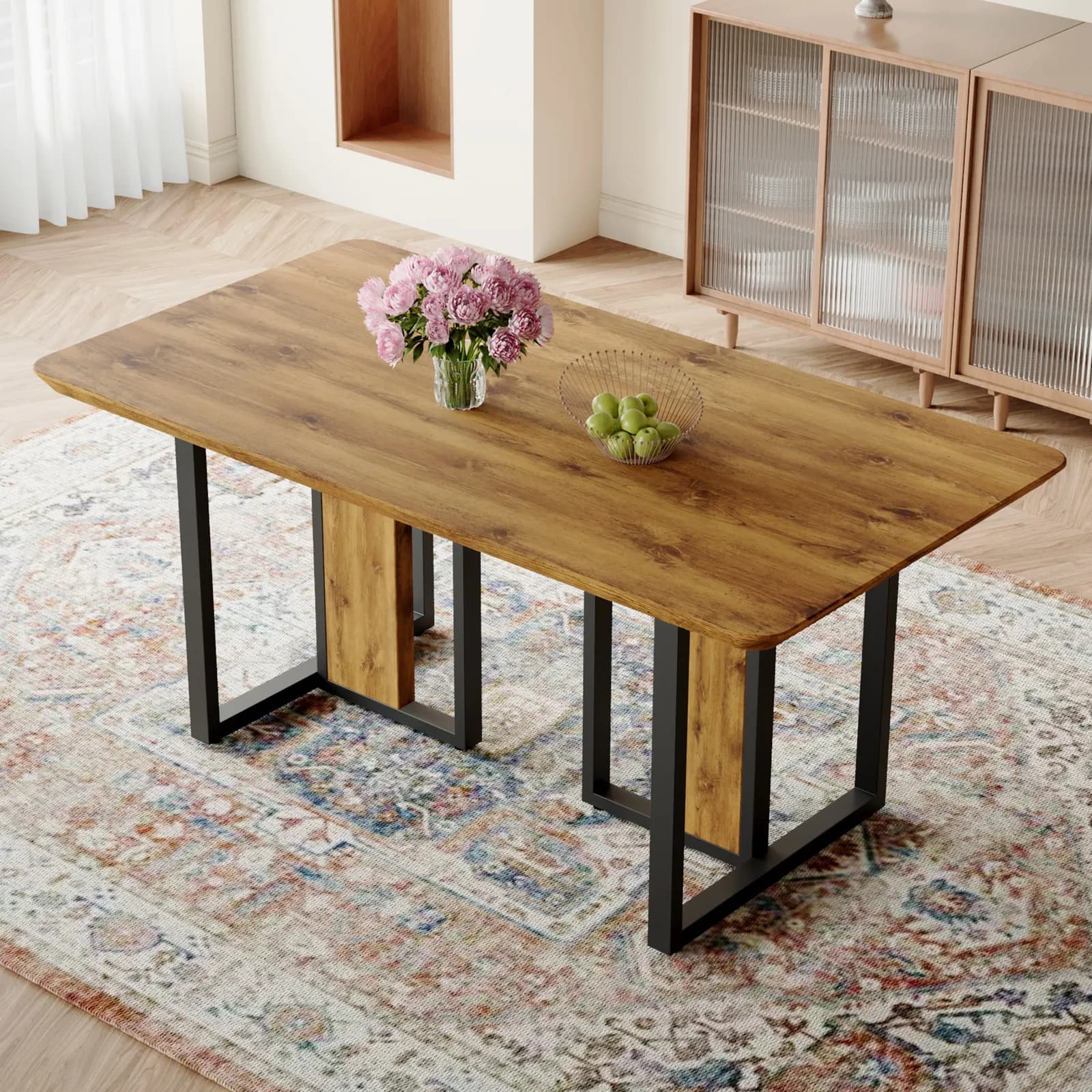 Modern minimalism and luxurious wood rectangular patterned dining table, The computer…