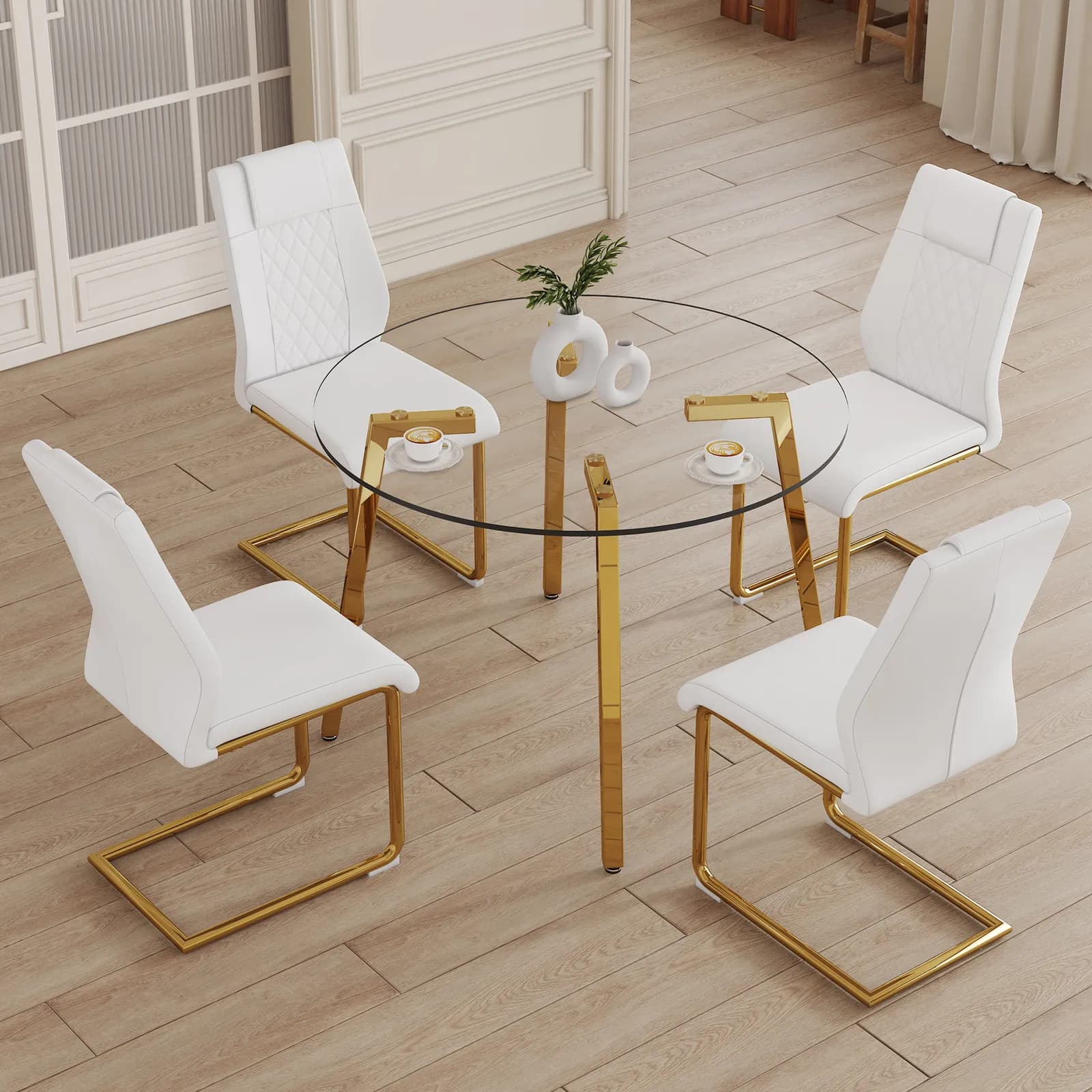 Table and chair set, A Modern Minimalist Style Round Clear Tempered Glass Table with…