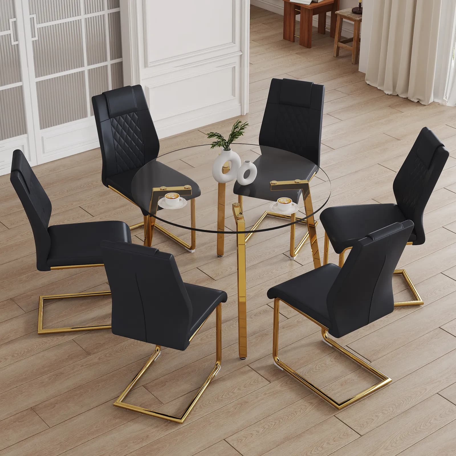 Table and chair set, A Modern Minimalist Style Round Clear Tempered Glass Table with…