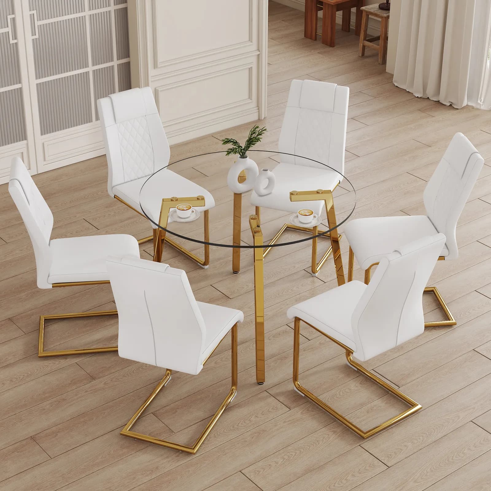 Table and chair set, A Modern Minimalist Style Round Clear Tempered Glass Table with…