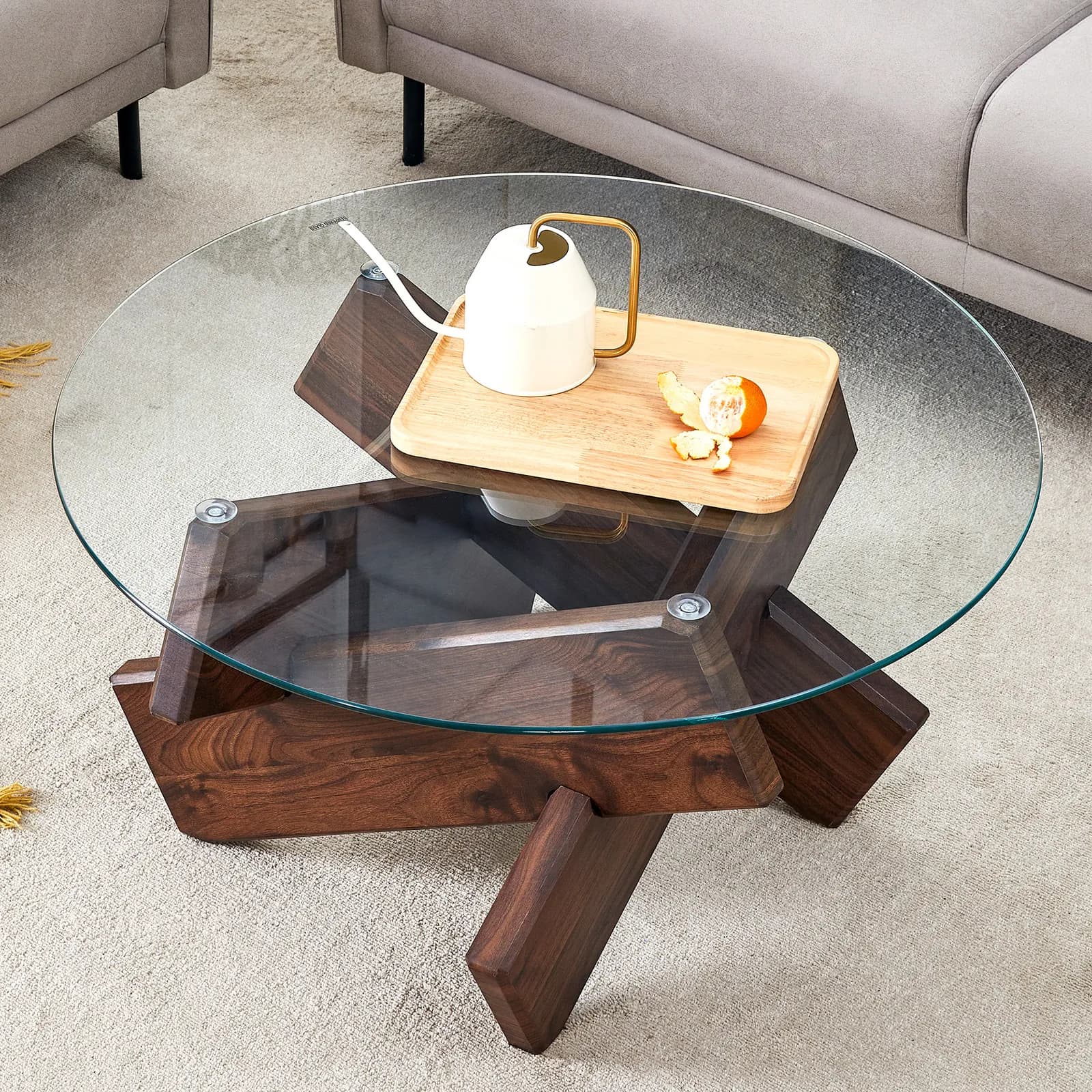 Round glass coffee table, 33, 4" modern design unique coffee table, Tempered glass top…
