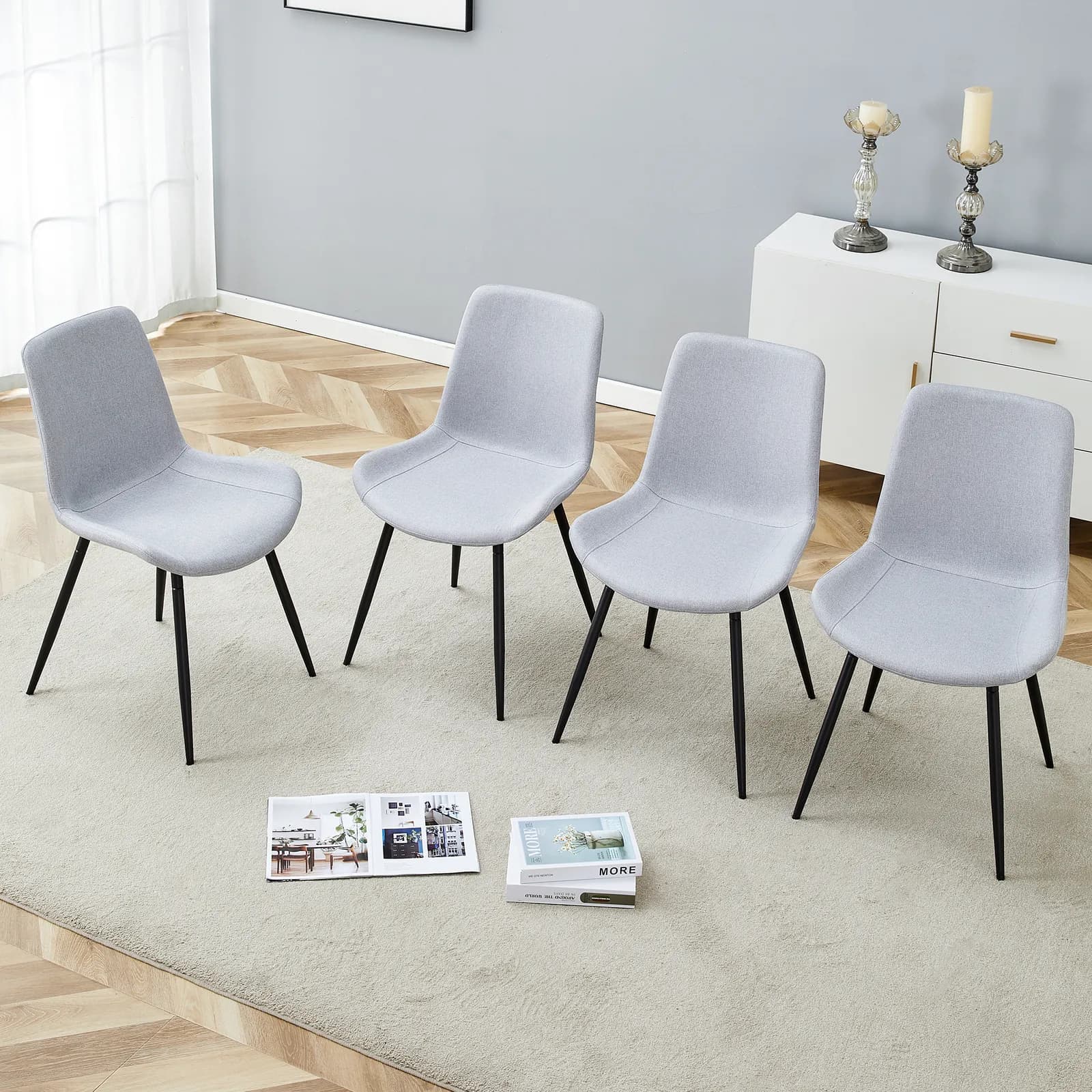 Comfortable Linen-Cotton Dining Chair Set - Four Pieces in Light Gray, Integrated Seat…