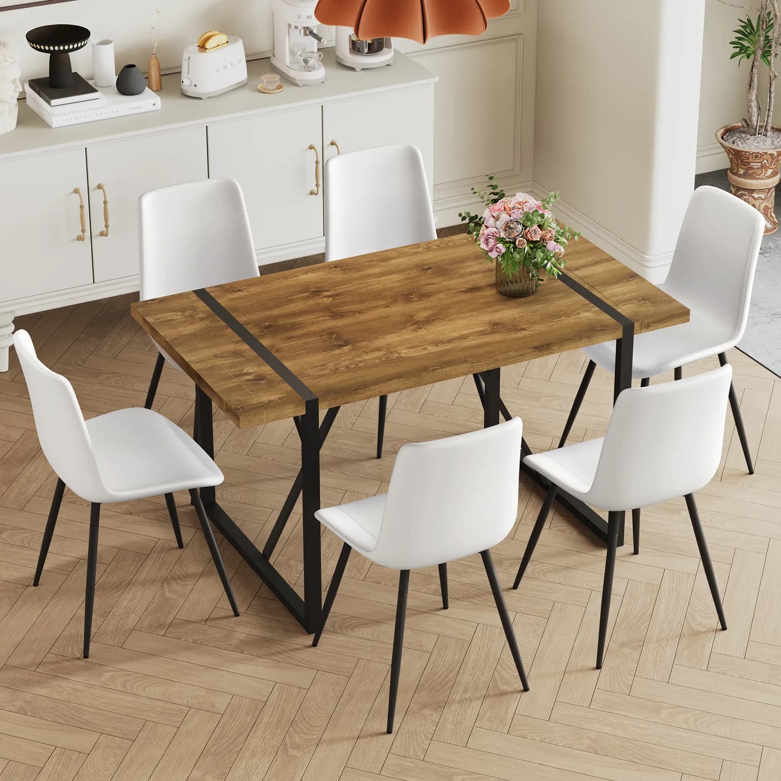 Table and chair set, textured top in vintage wood color, black metal legs, Dining chair…