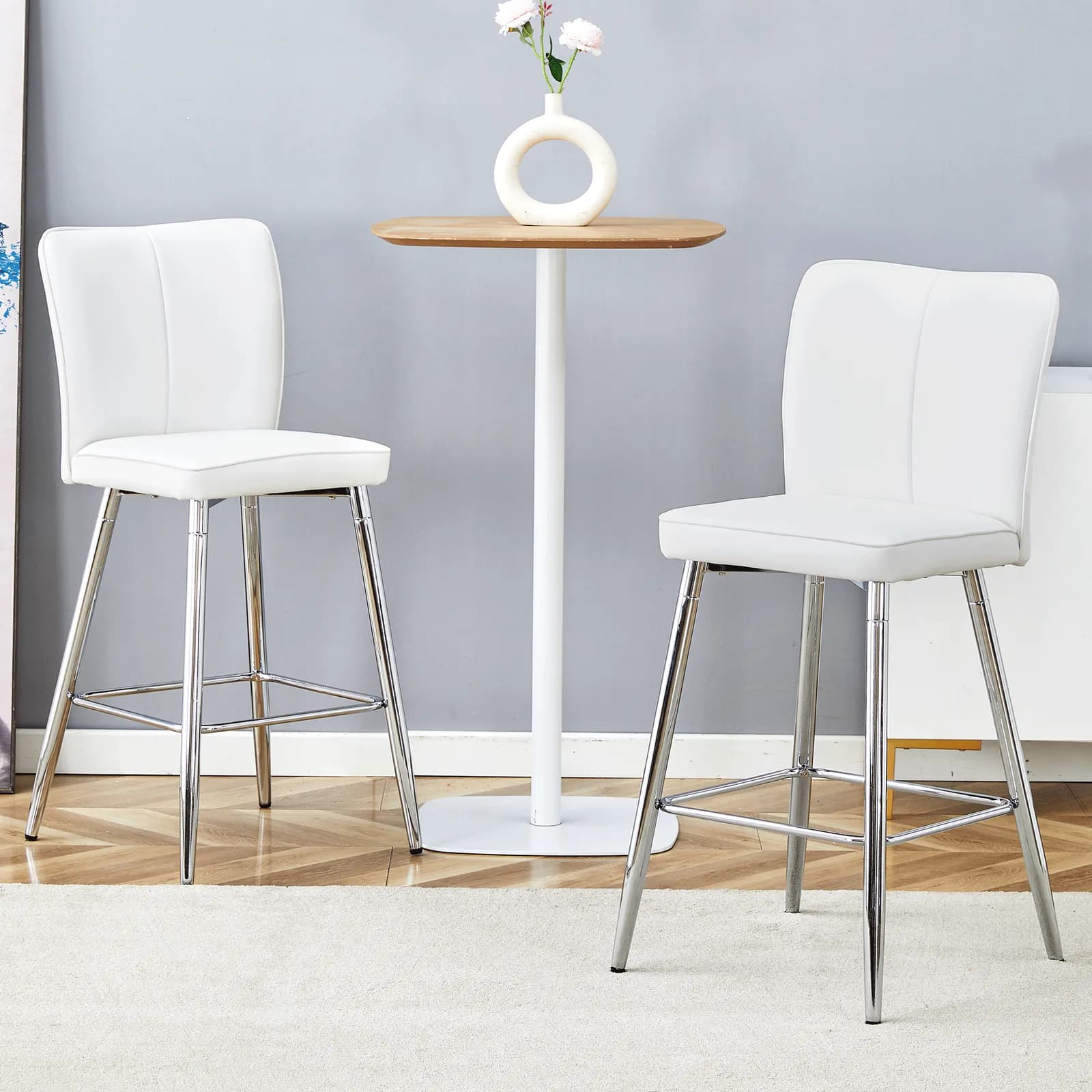 Modern White PU Bar Chair Set - Two Pieces, The backrest has a vertical and smooth line…