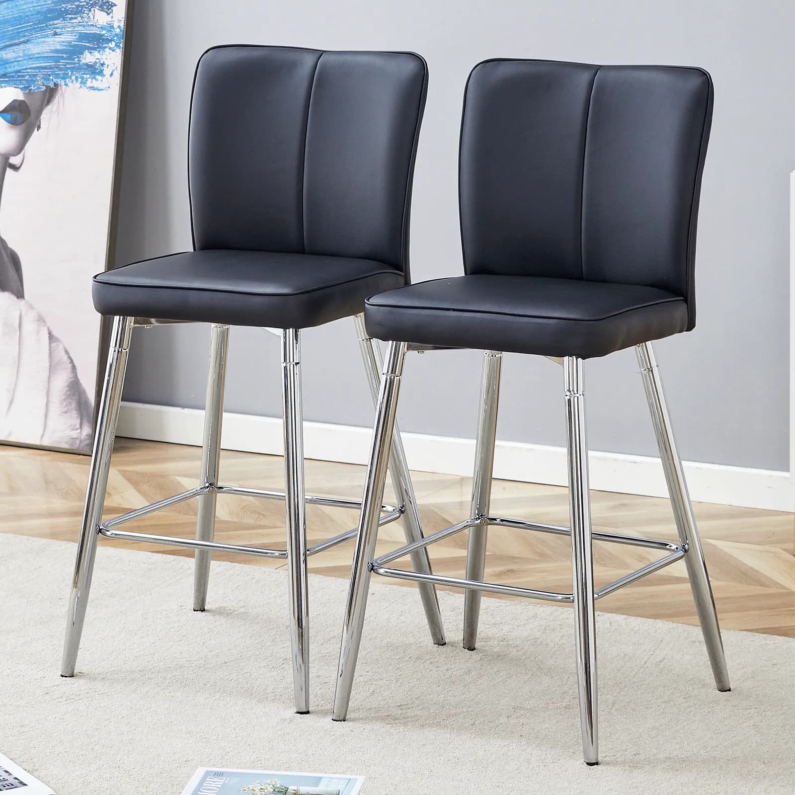 Modern Black PU Bar Chair Set - Two Pieces, The backrest has a vertical and smooth line…