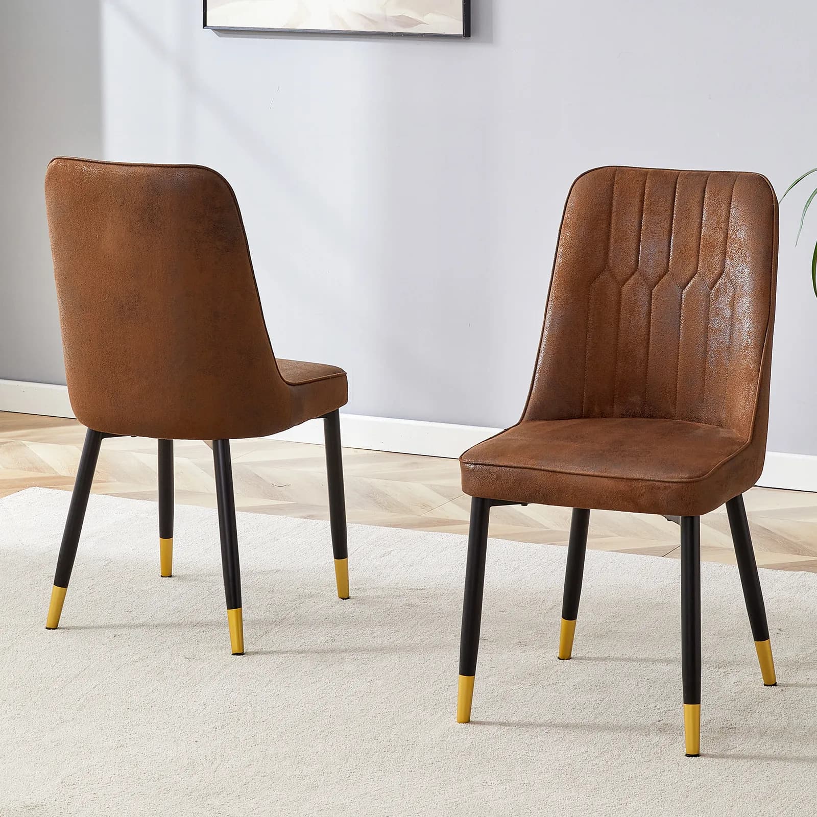 Brown Suede-like Velvet Dining Chair Set (Two-Pack)Black Metal legs, dinning chairs, brown