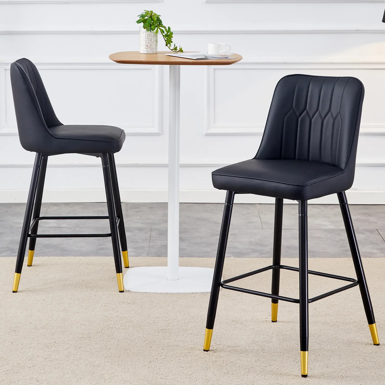 Modern Black PU Bar Stool - Gold Decorated Legs with Comfortable Resting Beam, Set of 2…