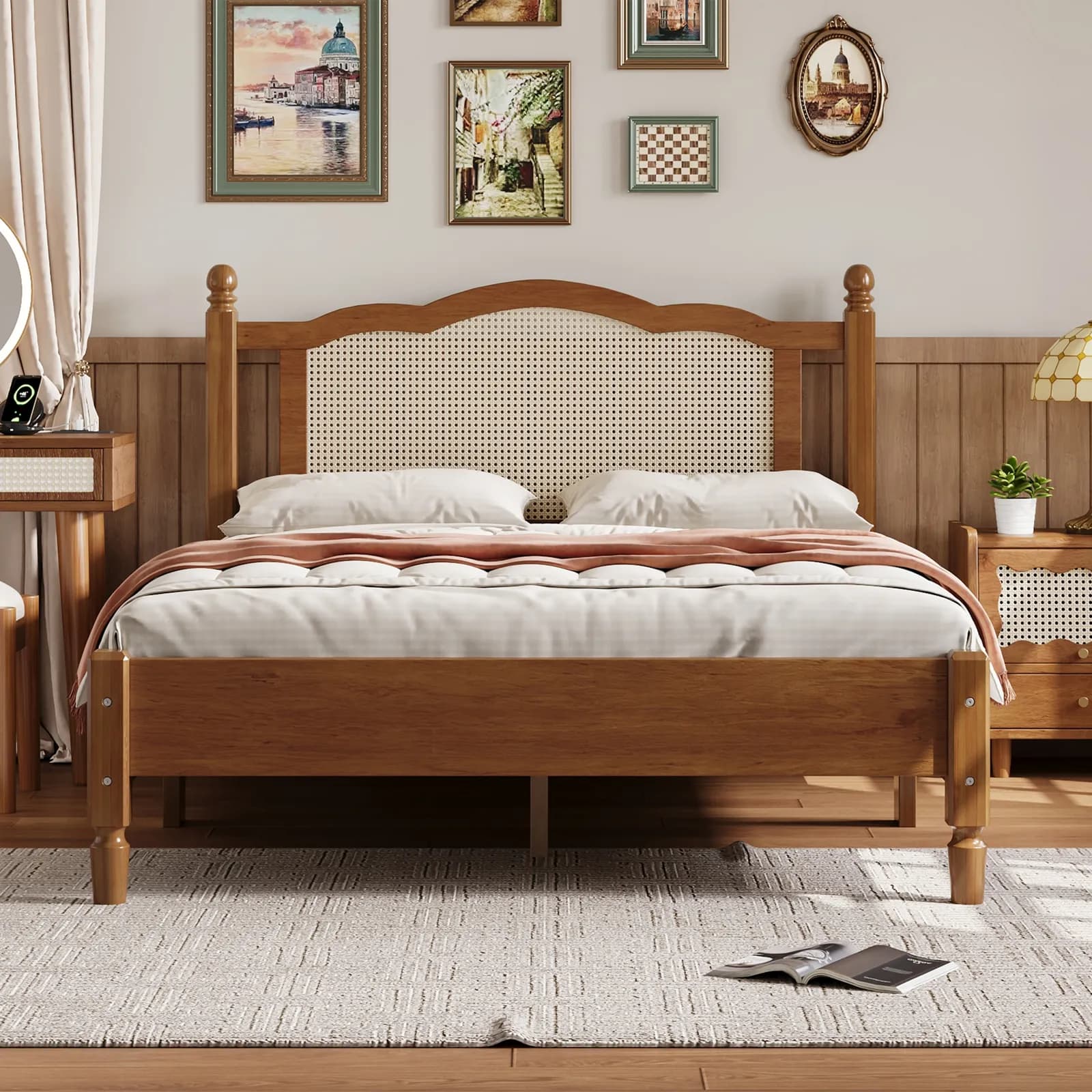 Full Size Wooden Platform Bed with Natural Rattan Headboard, Vintage Bed Frame with…