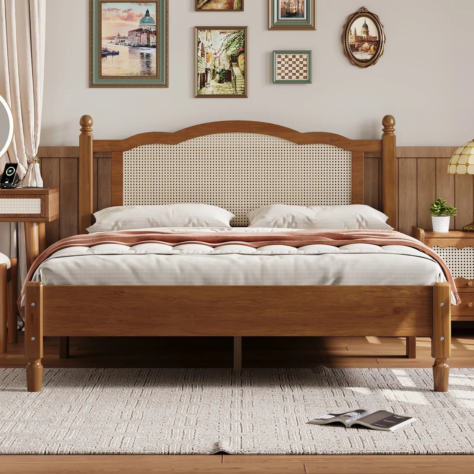 Queen Size Wooden Platform Bed with Natural Rattan Headboard, Vintage Bed Frame with…