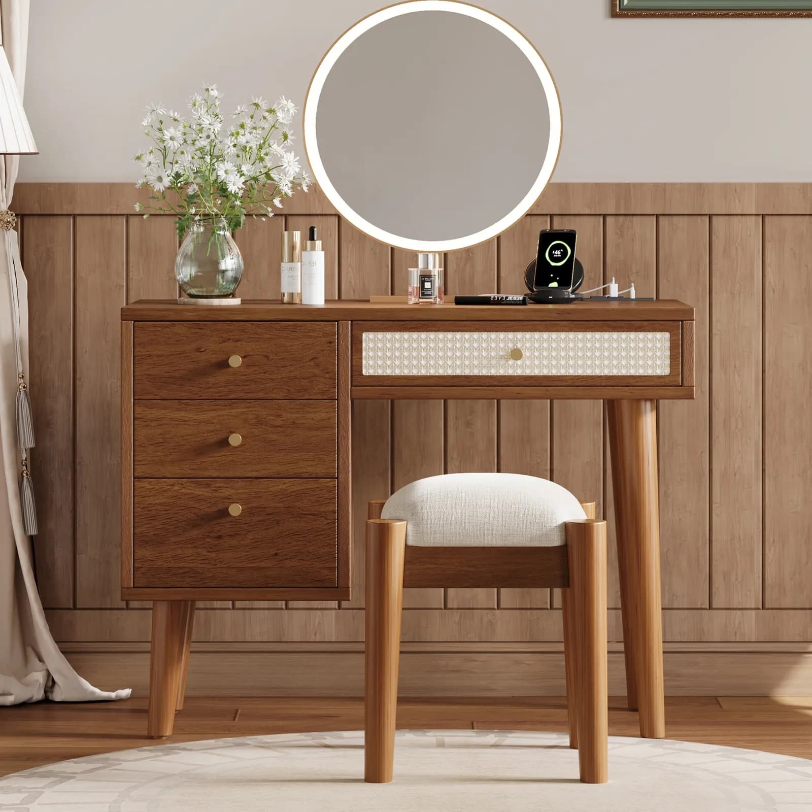39" Retro Bohemian Style Wooden Makeup Vanity Set with Charging Plug&USB Port and Stool,…