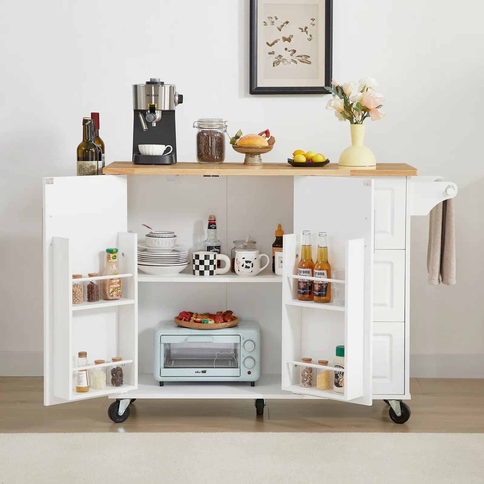 Kitchen Island with Drop Leaf Countertop, Rolling Kitchen Island Cart, Barn Door Kitchen…
