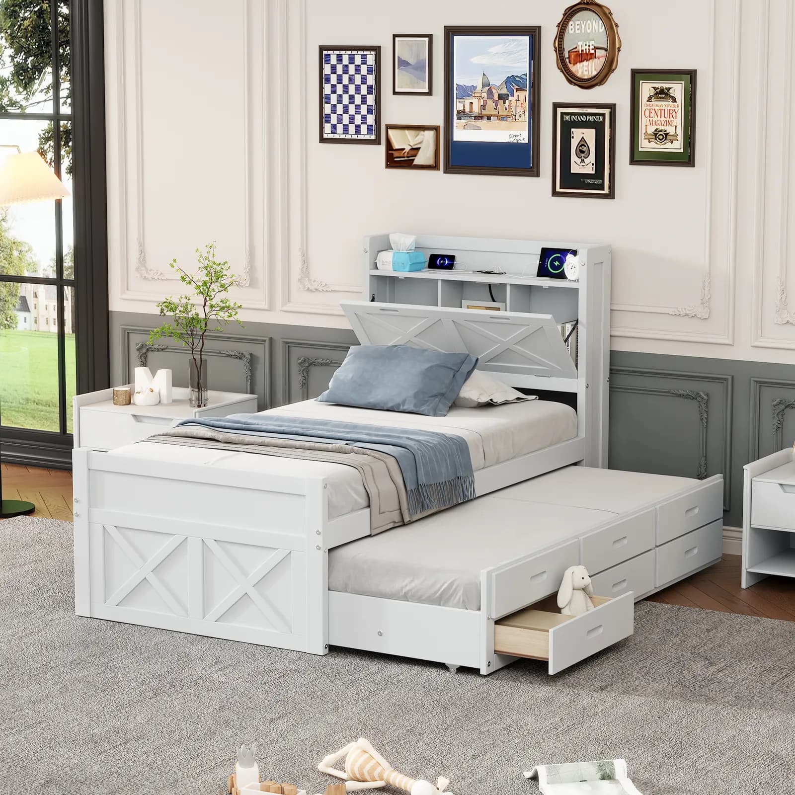 Twin Size Wooden Bed with Storage Headboard with Outlets, Extendable Bed with Twin Size…