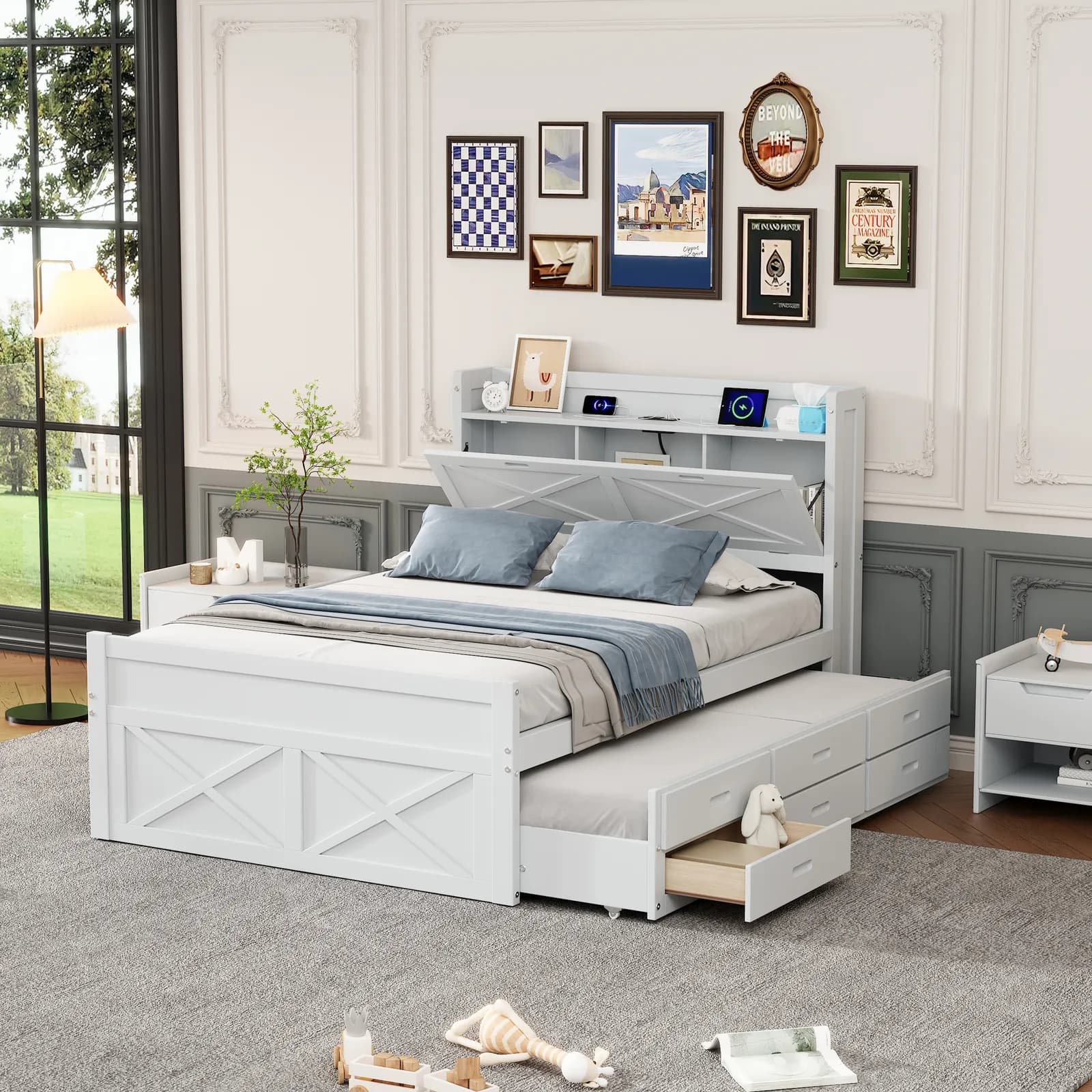 Full Size Wooden Bed with Storage Headboard with Outlets, Extendable Bed with Twin Size…