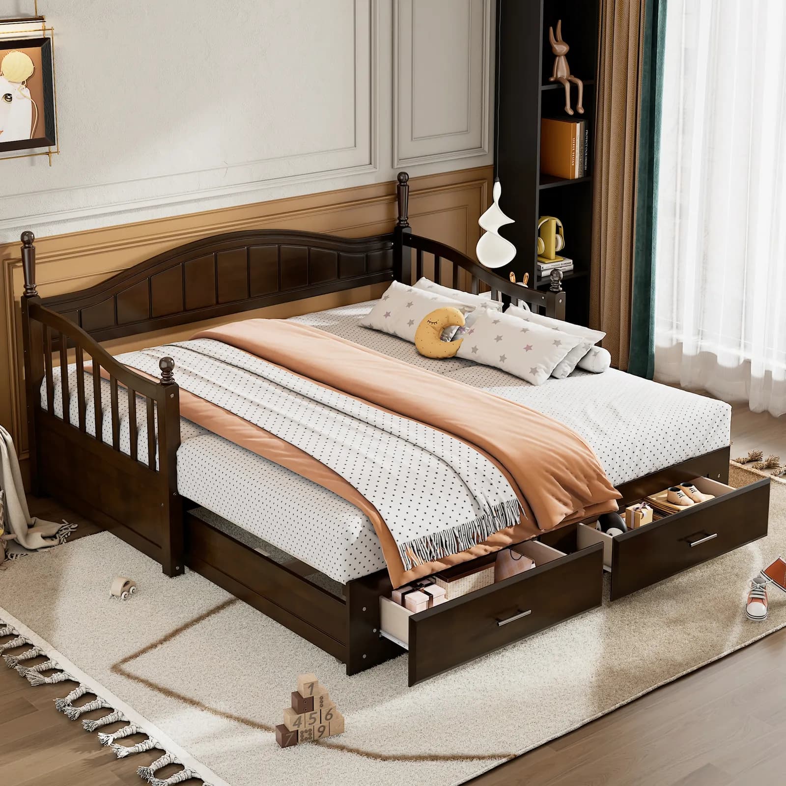 Wooden Twin Size Daybed with Twin Size Trundle, Extendable Daybed with Two Storage…
