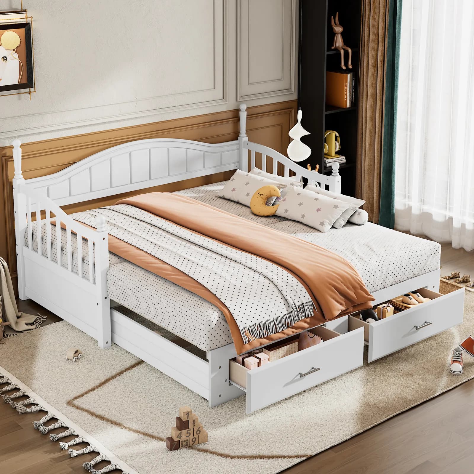 Wooden Twin Size Daybed with Twin Size Trundle, Extendable Daybed with Two Storage…