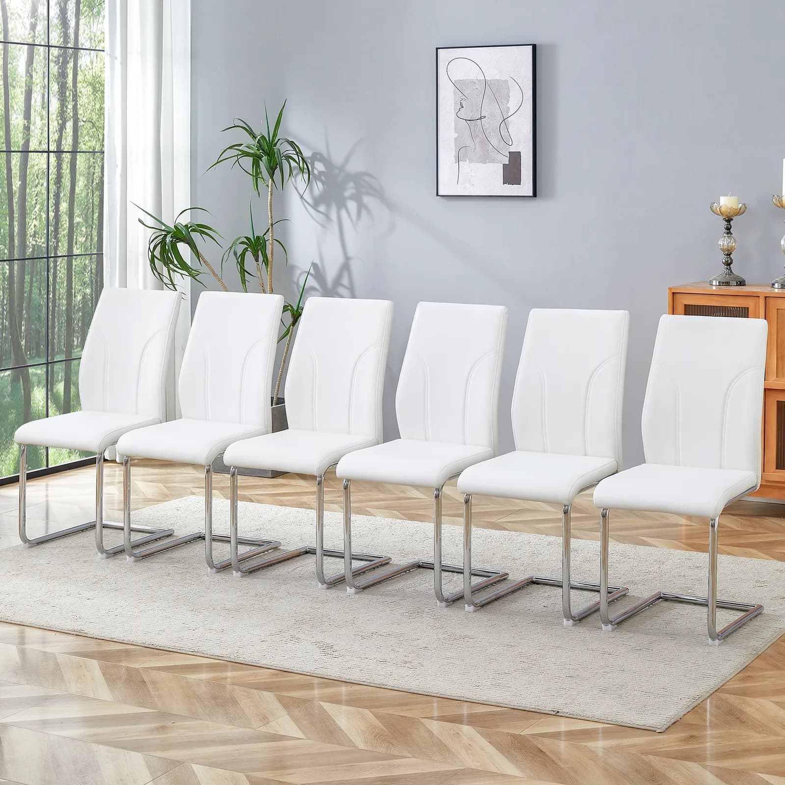 Set of 6 dining chairs, white dining chair set, PU material high backrest seats and…