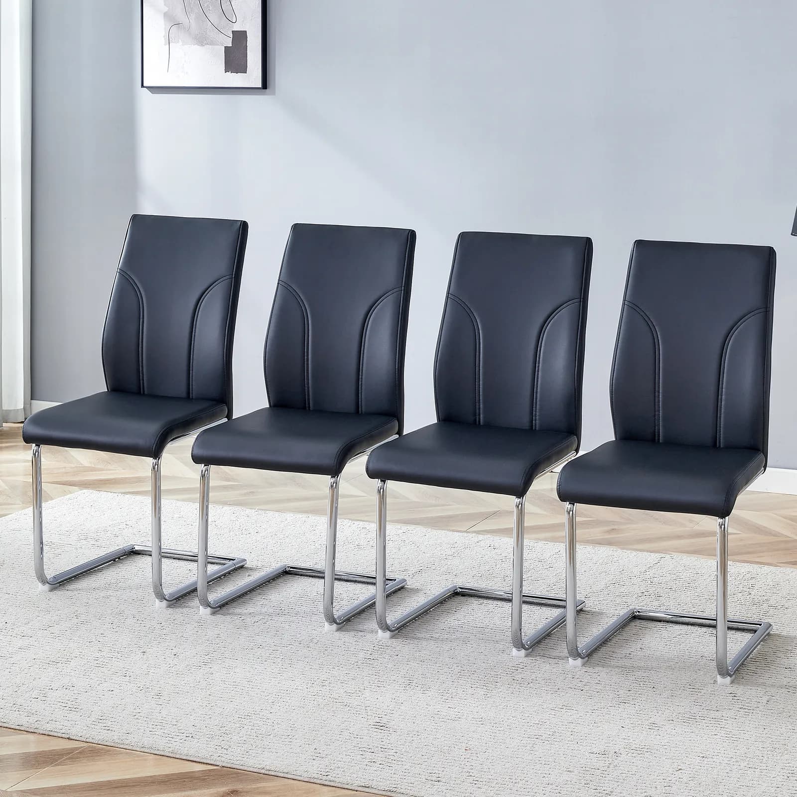 4 Dining Chair Set, Black Dining Chair Set, PU Material High Back Seat and Sturdy Leg…