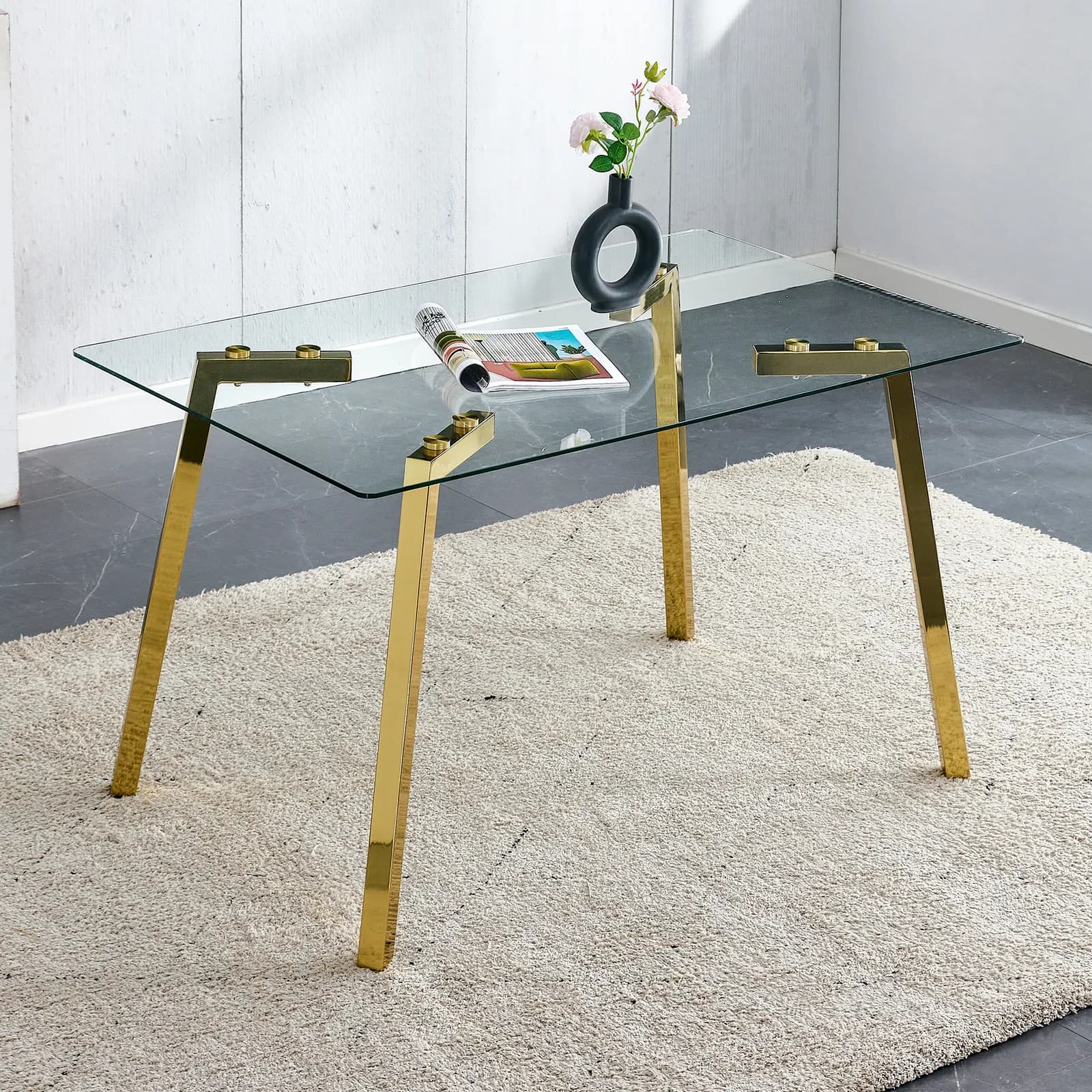 Modern minimalist style rectangular glass dining table with tempered glass tabletop and…