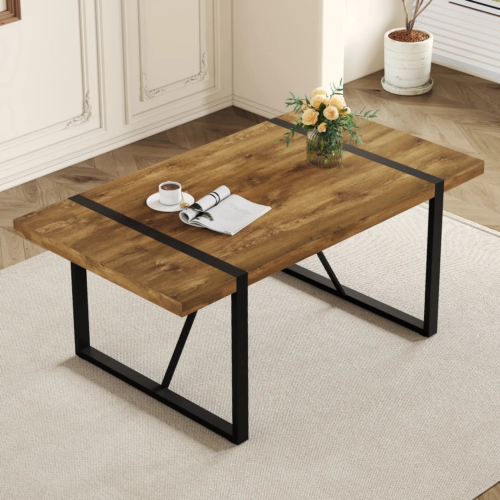 Rustic Industrial Rectangular Wood Dining Table For 4-6 Person, Thick Engineered Wood…