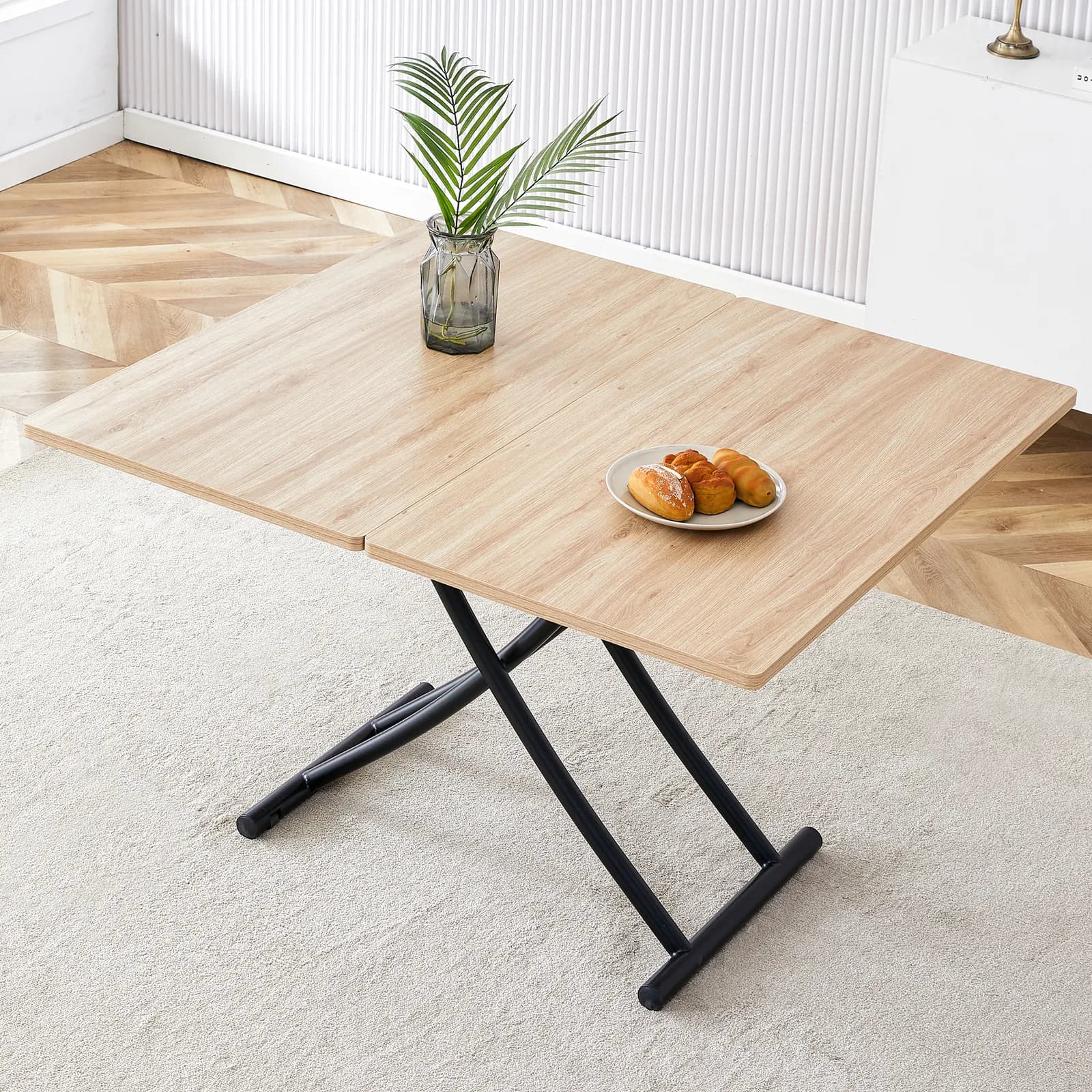 Modern minimalist multifunctional lift table with 0, 8-inch MFC tabletop and black metal…