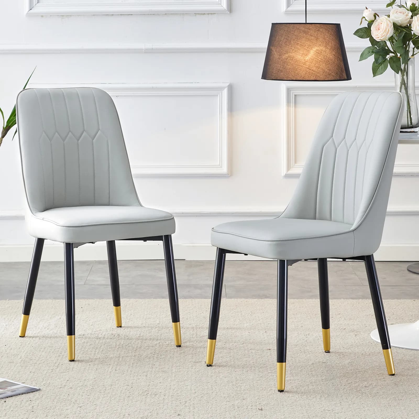 Light gray dining chairs and living room chairs, PU material and metal legs, suitable for…