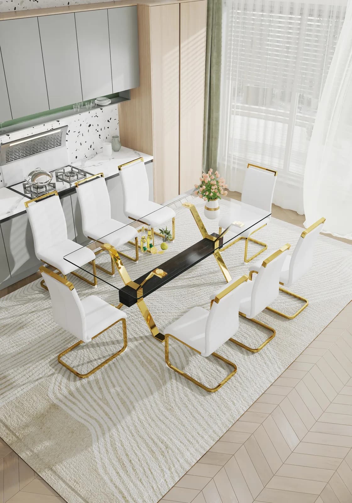 1 table and 8 chairs, Modern, simple and luxurious tempered glass rectangular dining…