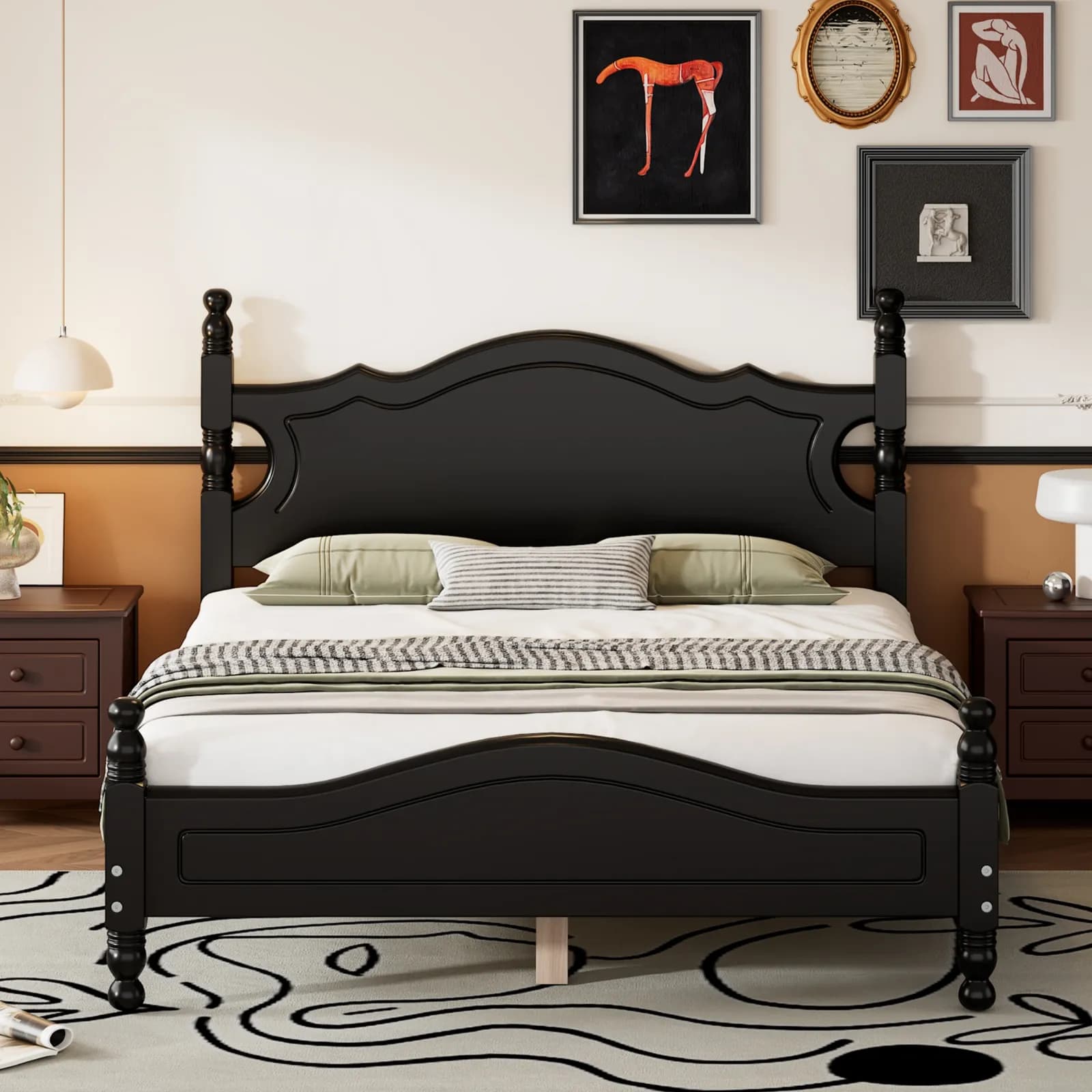 Full Size Wood Platform Bed Frame, Retro Style Platform Bed with Wooden Slat Support,…