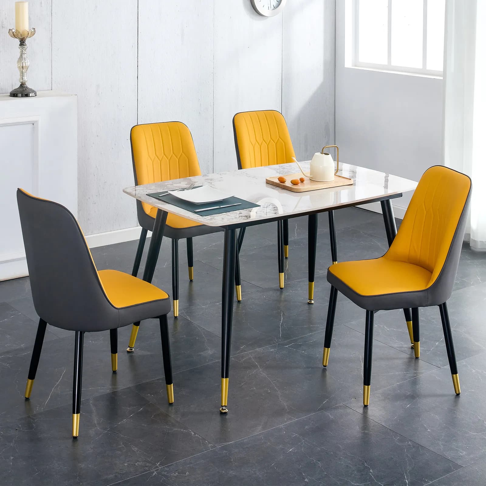 Table and chair set, patterned sintered stone tabletop with black metal legs,…