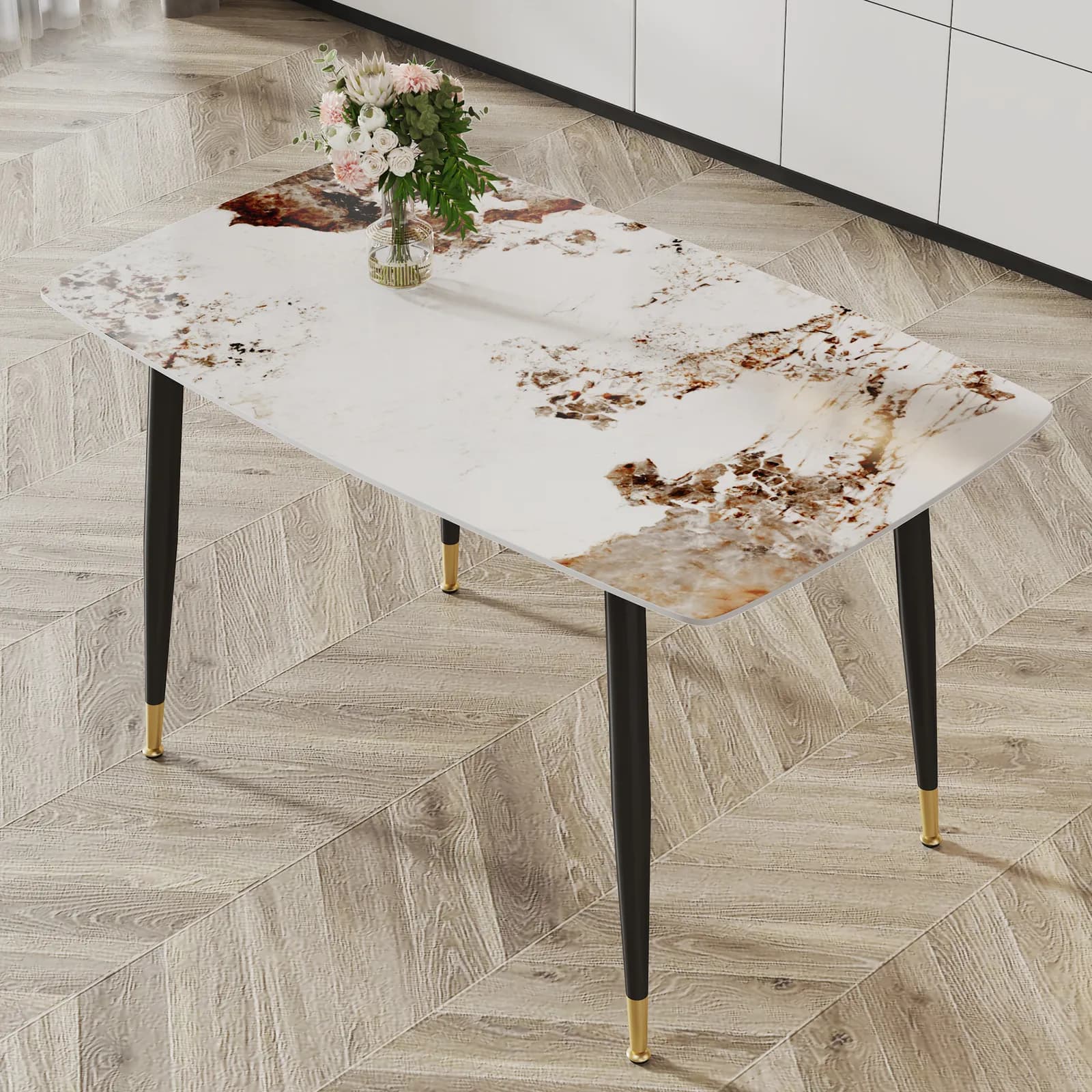 Modern minimalist dining table, A patterned SINTERED STONE tabletop with black metal…