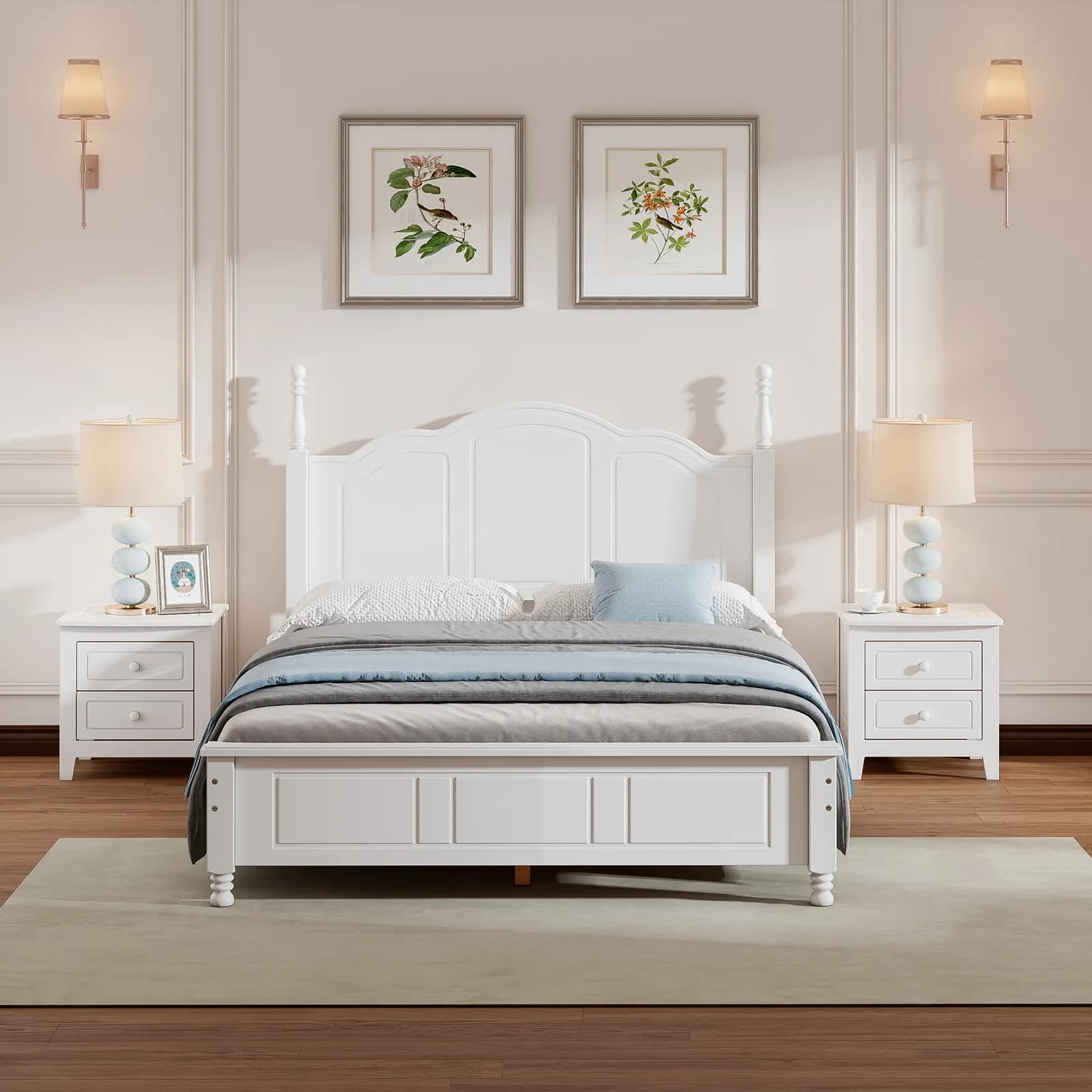 3-Pieces Bedroom Sets, Full Size Wood Platform Bed and Two Nightstands-White