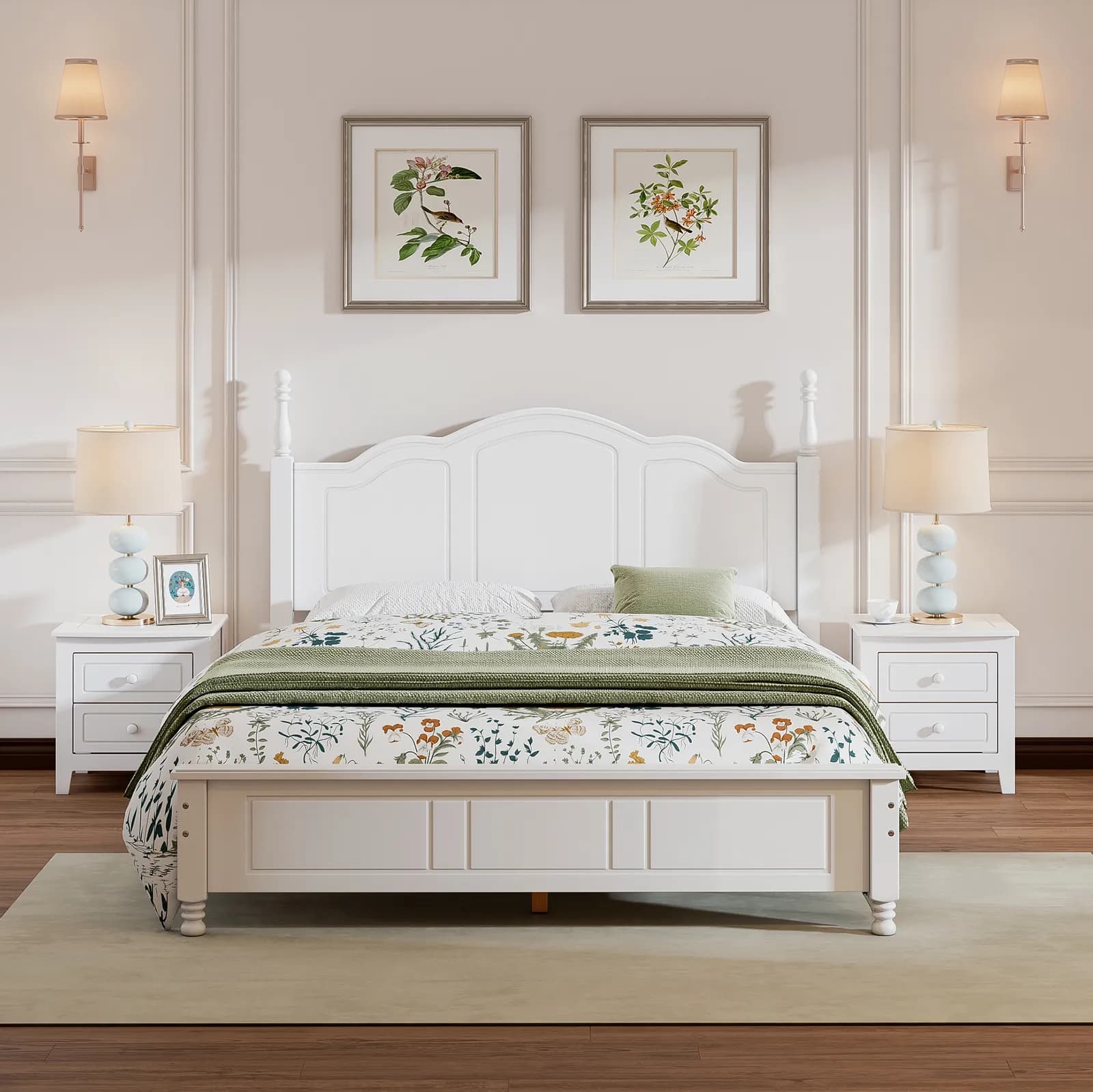 3-Pieces Bedroom Sets, Queen Size Wood Platform Bed and Two Nightstands-White