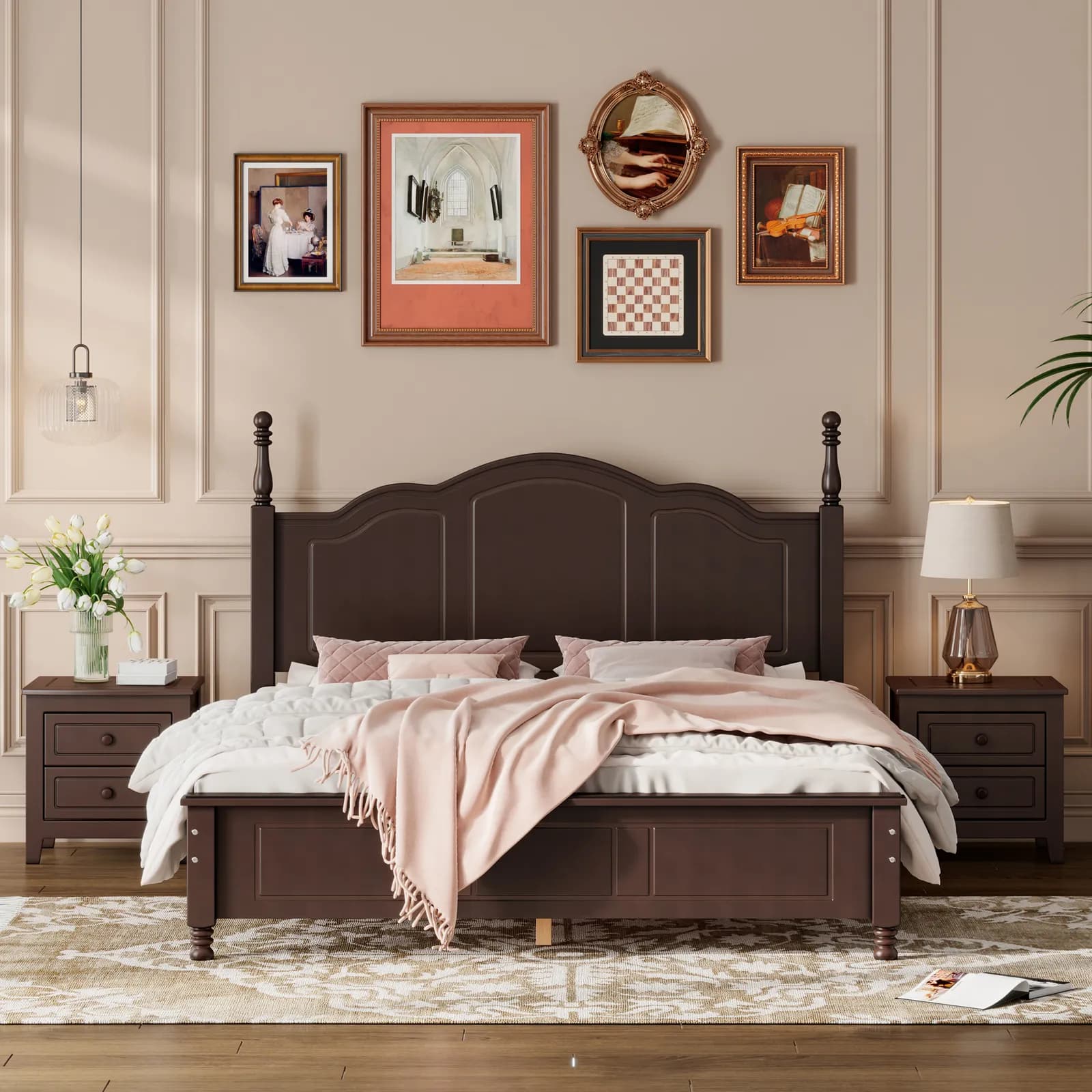3-Pieces Bedroom Sets, Queen Size Wood Platform Bed and Two Nightstands-Dark Walnut