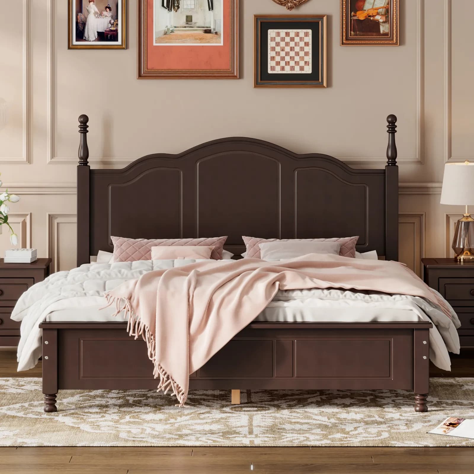 Queen Size Wood Platform Bed Frame, Retro Style Platform Bed with Wooden Slat Support,…