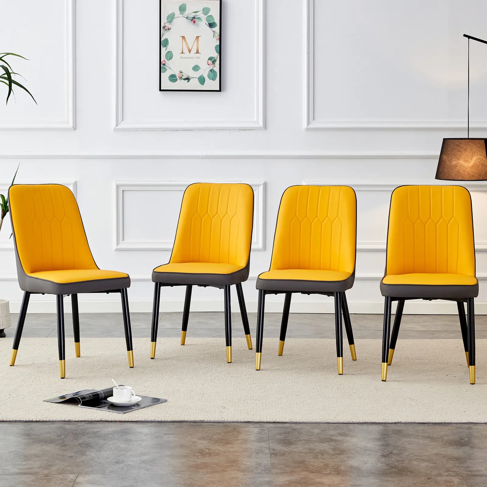 A modern dining chair with orange yellow dark gray dual tone PU leather backrest and…