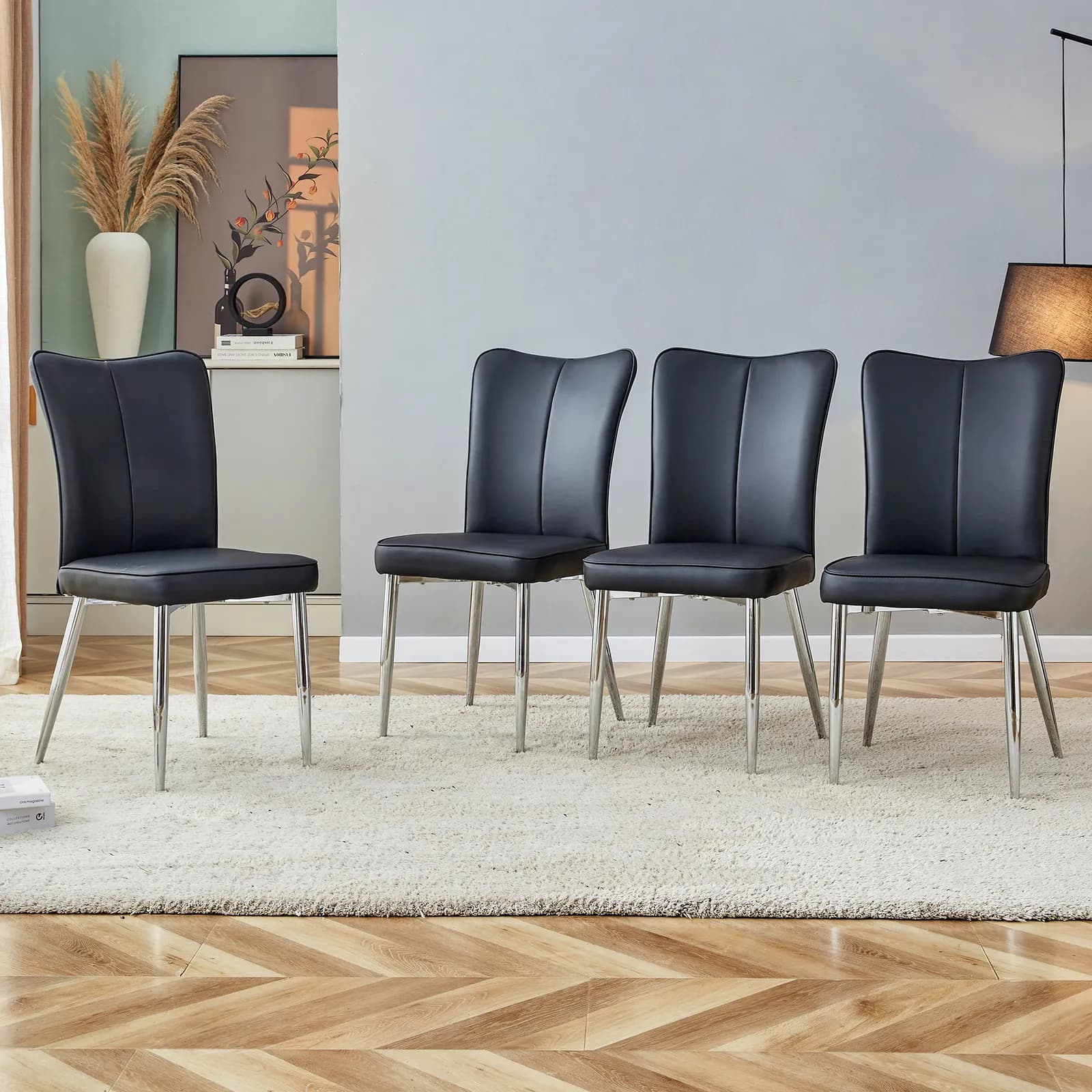 Modern minimalist dining chairs, black PU leather curved backrest and seat cushions,…
