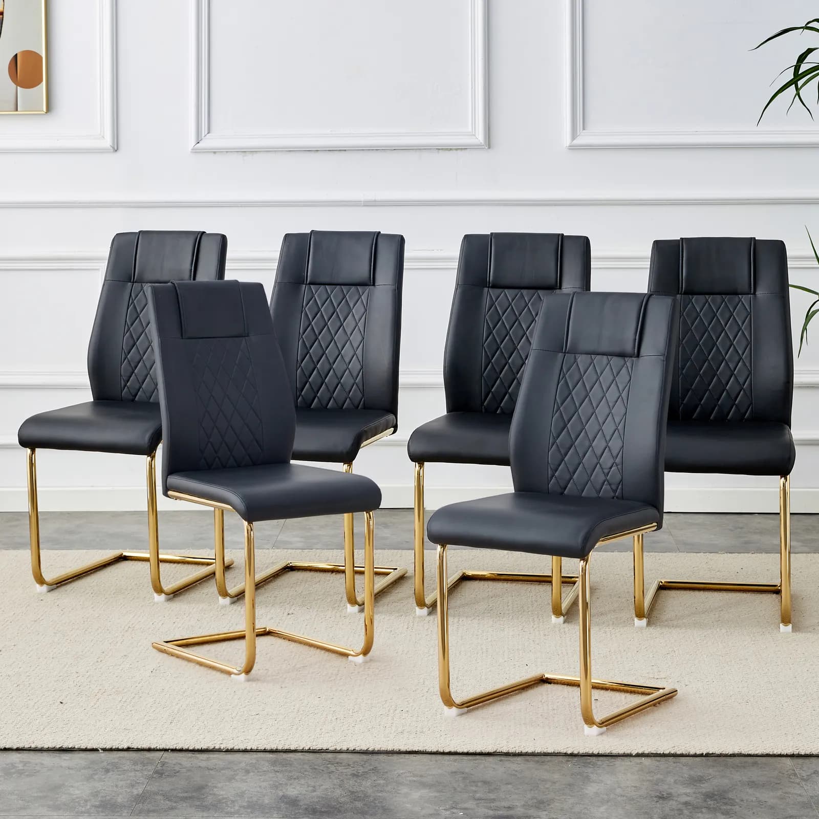 Modern dining chairs with faux leather padded seats, dining room chairs, gold metal leg…