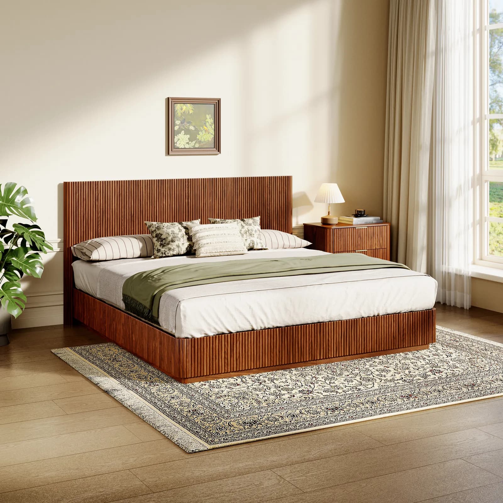 Kind Size Bed Frame with LED Lights, Modern Wooden Corrugated Curved Lines, Convex Groove…