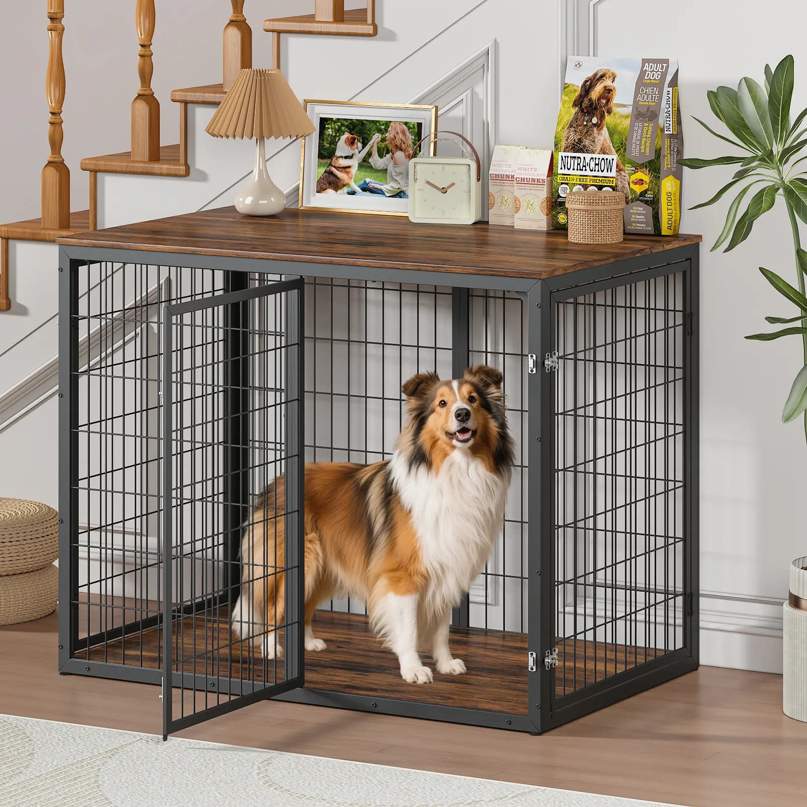 47'' Dog Crate Dog Cage Furniture with 3 Doors, for Large & Medium Dogs, Rustic Brown
