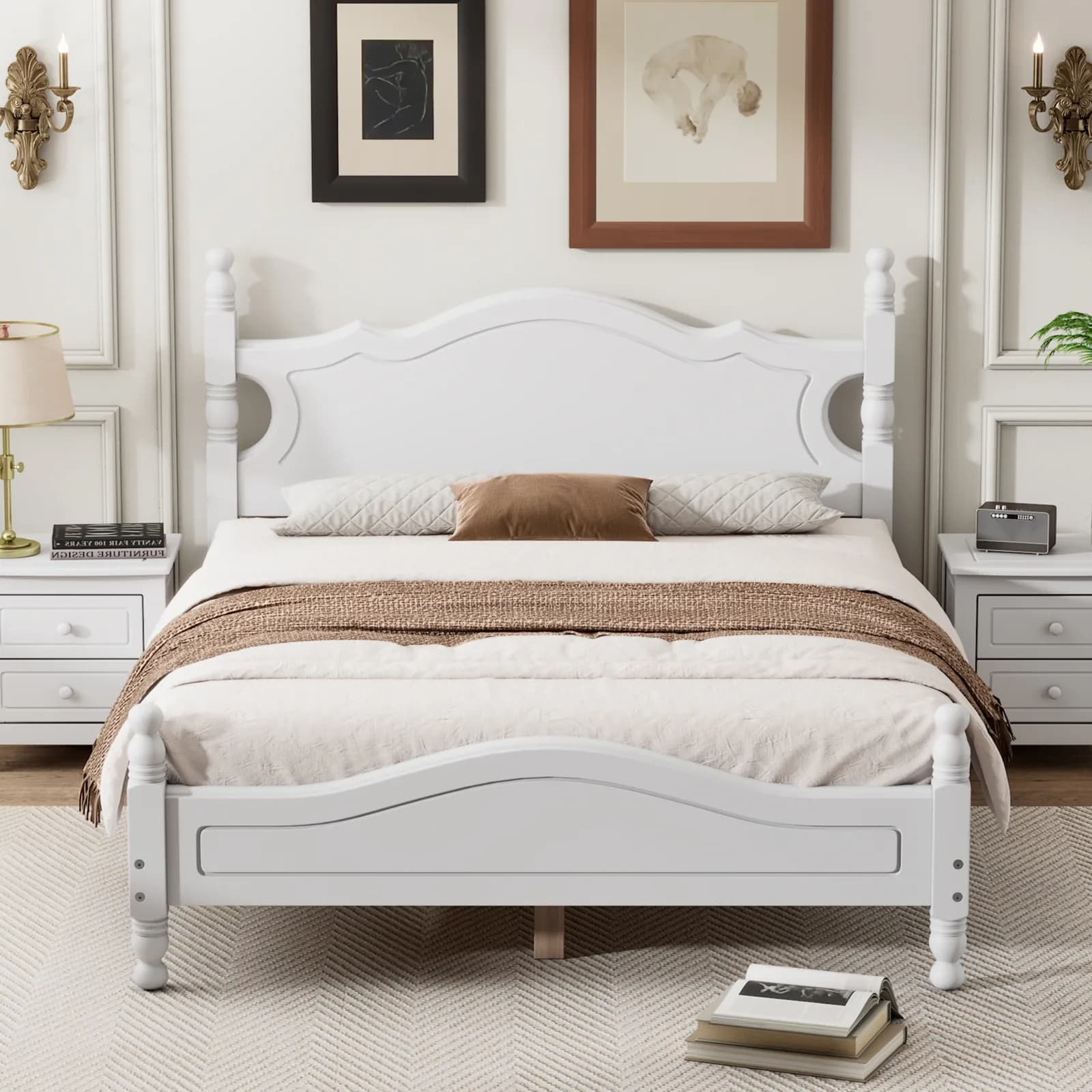 Full Size Wood Platform Bed Frame, Retro Style Platform Bed with Wooden Slat Support,…